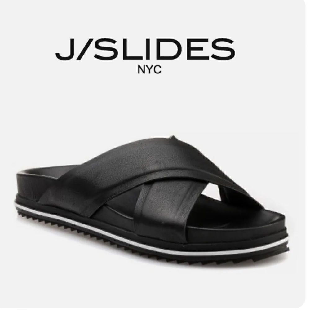J/Slides OLIVIA Black Leather Crisscross White Stripe Slide Sandals